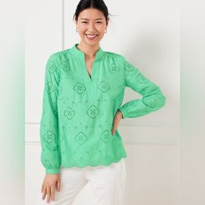 Talbots Women’s Embroidered Floral Top Green Size 2X Plus Preppy Resort Beach